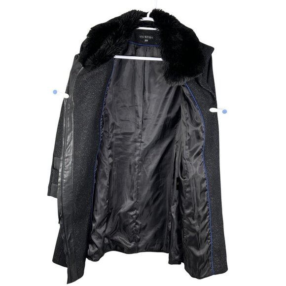 Via Spiga Women 16W Black Wool Blend Faux Fur Collar Asymmetrical Coat Old Money - Picture 4 of 16